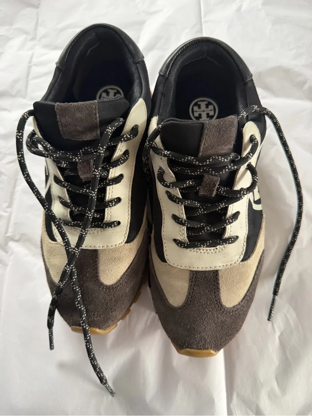 Tory Burch Black Cream and Brown Logo Athletic Sneakers